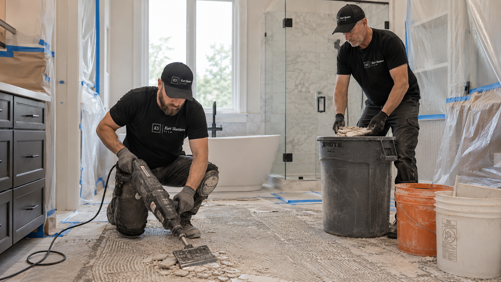 Kurt Skeeters Tile crew removing old tile flooring during a dust-controlled demolition