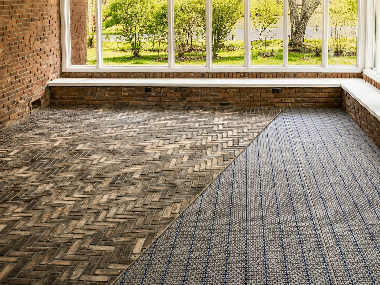 Herringbone tile floor meeting an exposed electric floor-heating membrane in a sunroom install